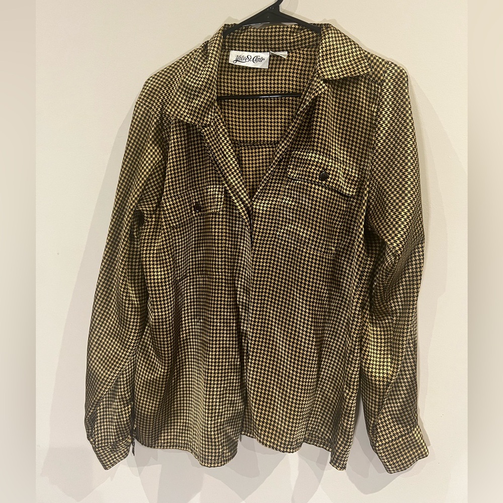 Vintage Houndstooth yellow/gold satin blouse